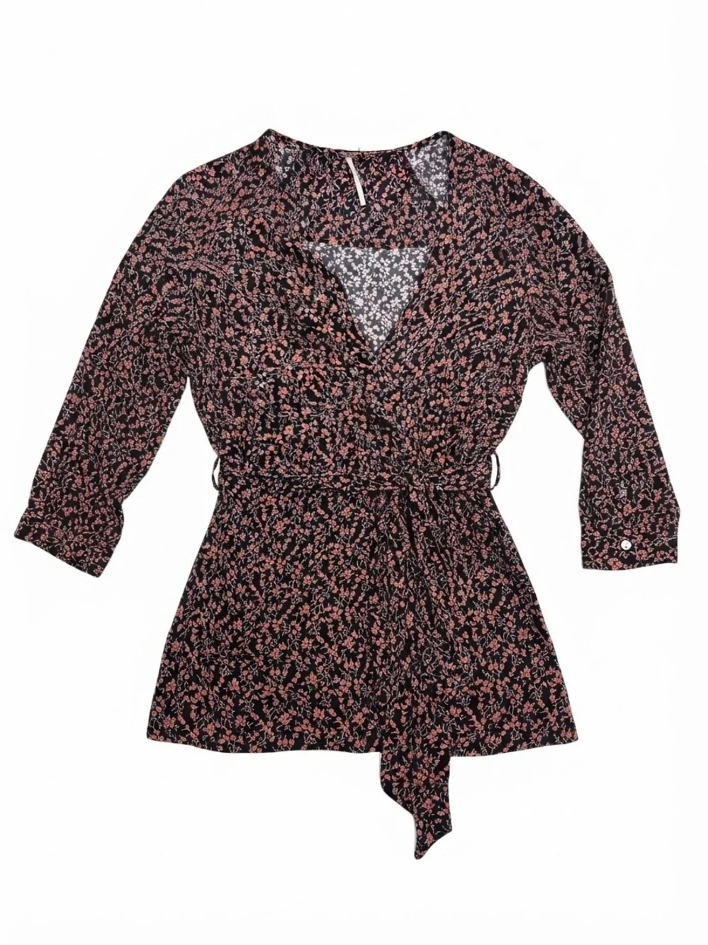 Free People Floral Wrap Blouse in Brown and Black